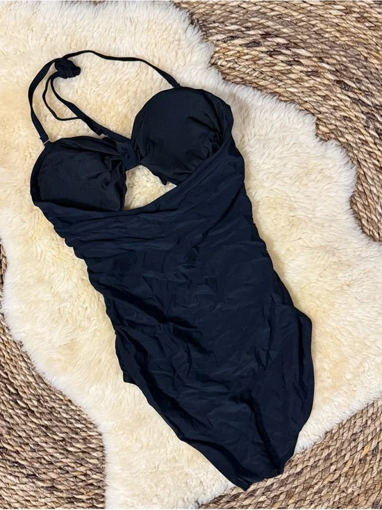 Black Halter One-Piece Swimsuit with Tie Front - Picture 2 of 2